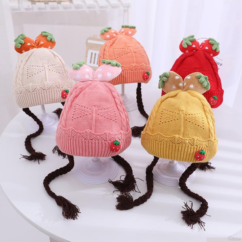 Mũ trùm đầu dệt kim giữ ấm in hình quả dâu dễ thương cho bé gái 0-1 tuổi