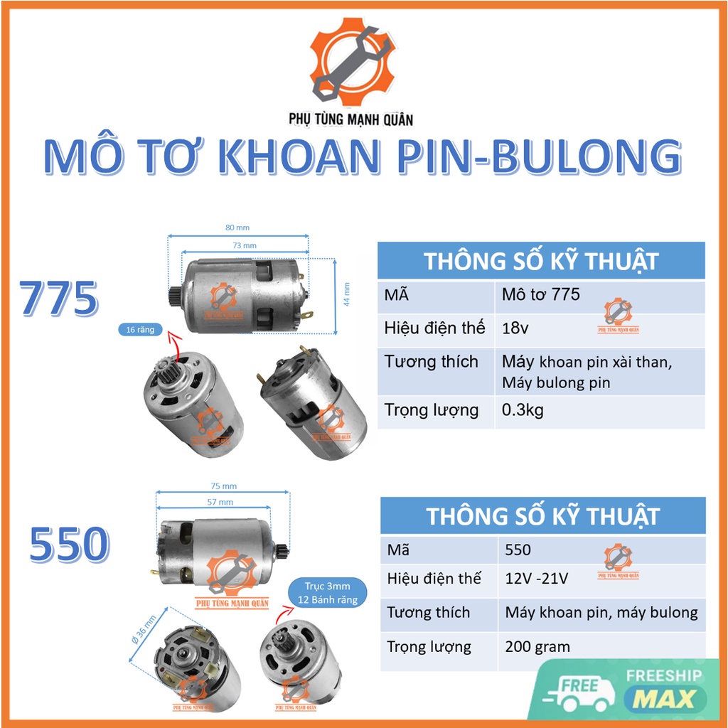 Motor/động cơ máy khoan pin 550-12v/21v 775-18v