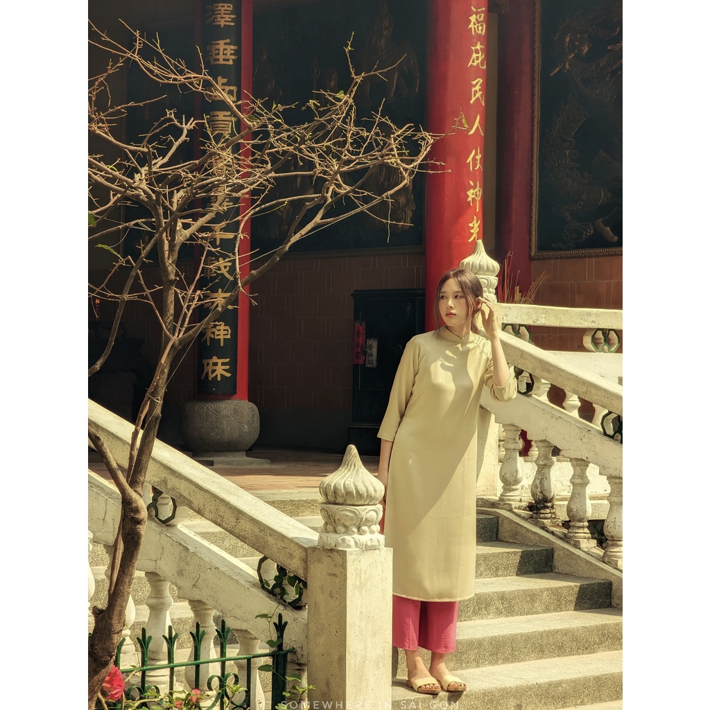 Set Áo dài Rosemary Lụa Tây Thi Vàng Cải Chua