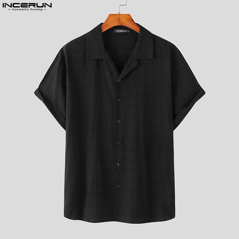 Áo sơ mi INCERUN ngắn tay dáng rộng cài khuy phong cách thời trang thanh lịch cho nam