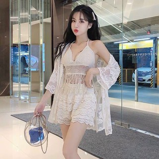 Set áo ren lưới đan hoa bikini đi biển, bra lưới tua ru mix quần váy tầng, áo khoác choàng lưới đan hoa