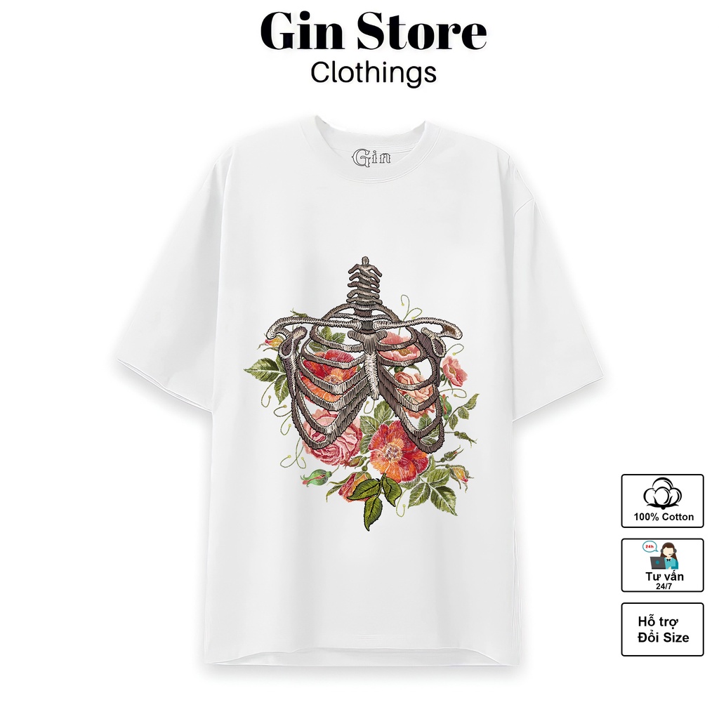 Áo thun tay lỡ hình Xương Hoa Hồng Cotton Co giãn 2 chiều -unisex nam nữ