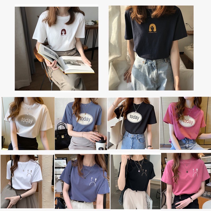 WANG JIAO ZHAN Áo thun nữ tay ngắn họa tiết mặt cảm xúc phong cách Hàn Quốc