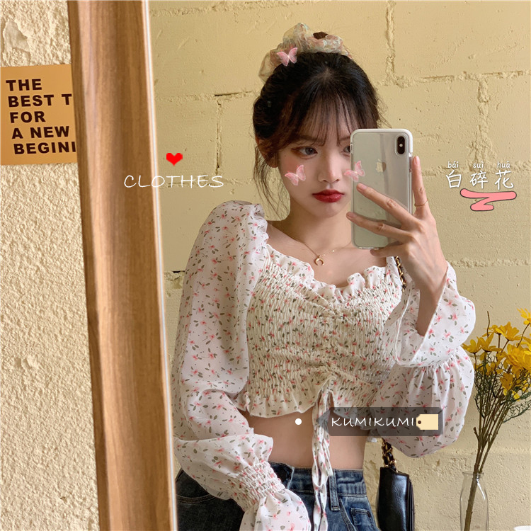 Áo croptop nữ dài tay phồng 2021, Áo bánh bèo nữ tiểu thư màu trắng đen dây rút