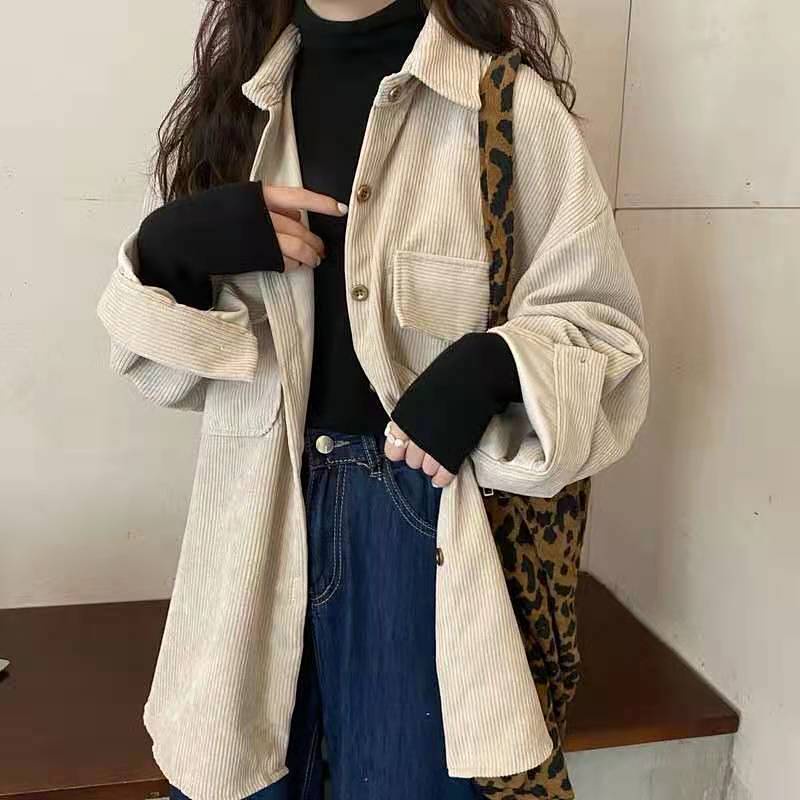 Áo sơ mi nhung tay dài dáng rộng phong cách Retro cho nữ