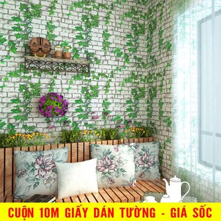 Cuộn 10m giấy dán tường decal gạch trắng dây leo xanh khổ 45cm keo sẵn [ 4,5m vuông ] - Sale giá tổng kho