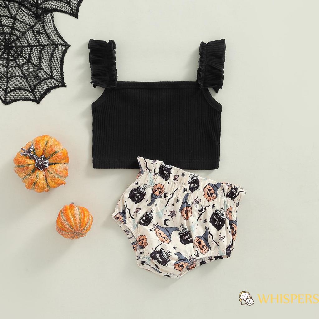Set Đồ Halloween 2 Món Gồm Áo Sát Nách + Quần Ngắn Ống Loe In Họa Tiết Bí Ngô Cho Bé Gái 0-5 Tuổi