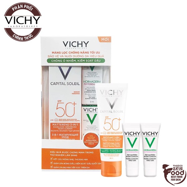 Bộ Kem Chống Nắng Vichy Capital Soleil Mattifying 3-In-1 SPF50+ Và Kem Giảm Mụn Vichy Normaderm Phytosolution Cream