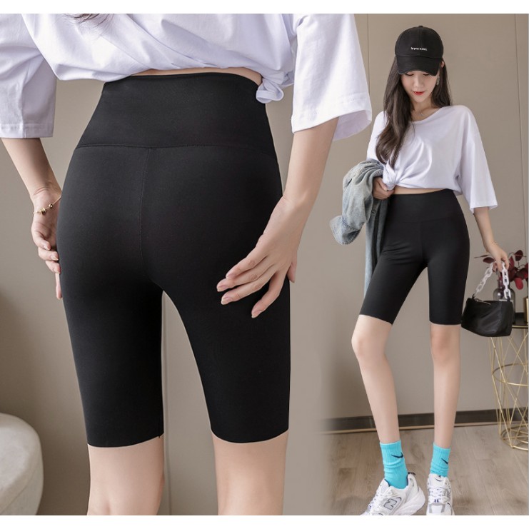 Quần legging lửng nữ nâng mông cạp cao dài đến đùi dáng ngố tập thể thao màu đen cao cấp M03
