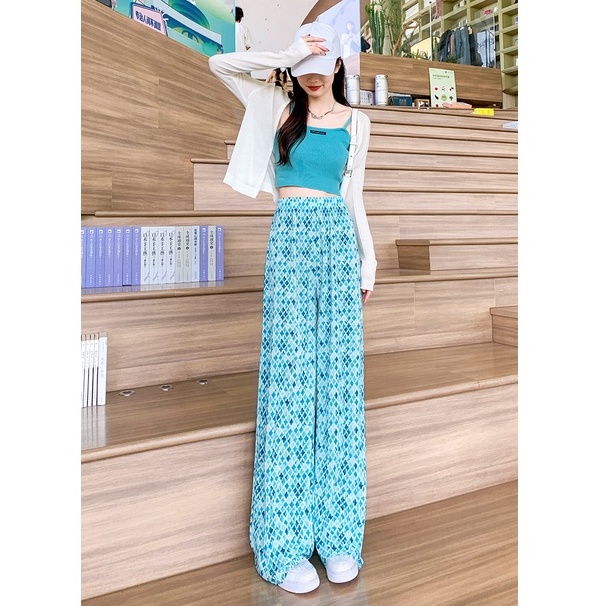 Quần dài ZHELIHANGFEI lưng cao ống rộng họa tiết hoa xinh xắn hợp thời trang