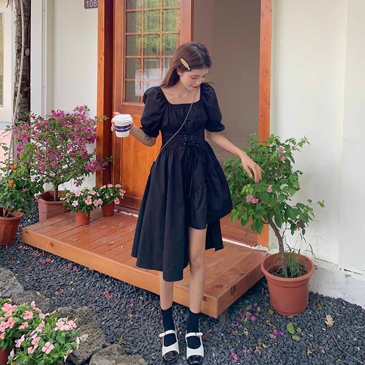 Đầm Tay Phồng Ngắn Cổ Vuông Màu Trơn Thiết Kế Đơn Giản Thời Trang Cho Nữ