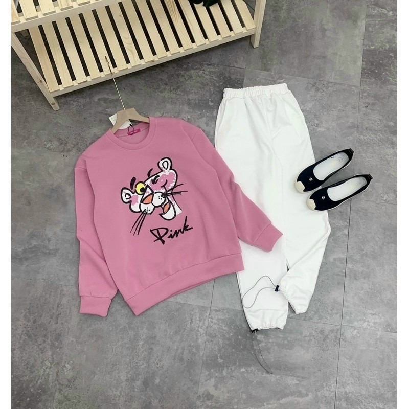 Áo sweater nữ in hình chú báo hồng vải nỉ bông mềm mịn kute áo hoodie nỉ form rộng phong cách ulzzang hàn quốc