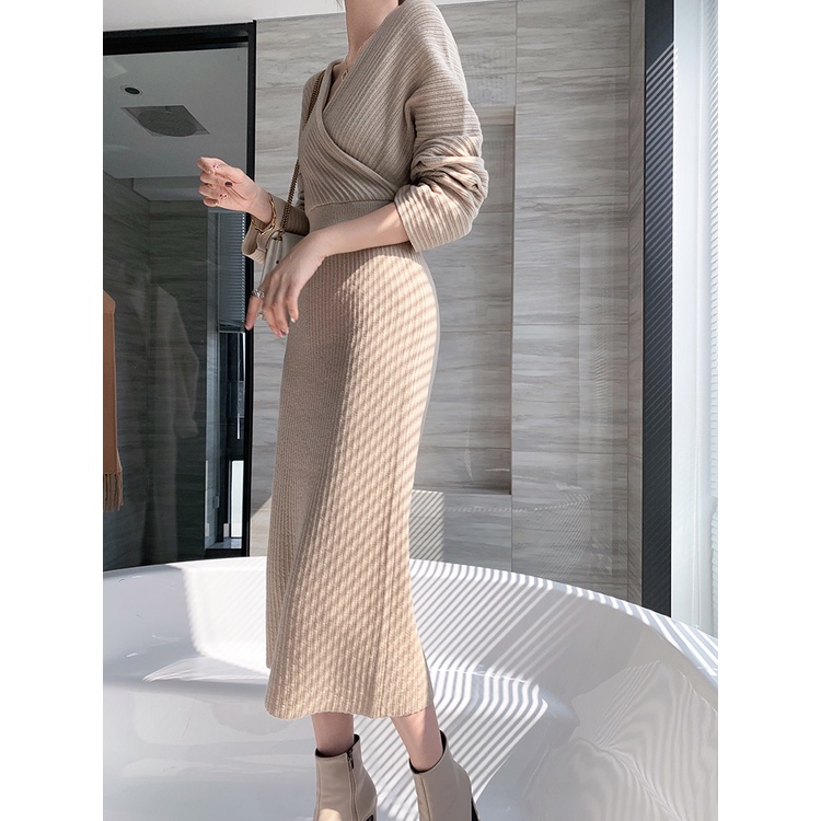 Đầm dệt kim dáng ôm chiết eo thời trang sang trọng cho nữ