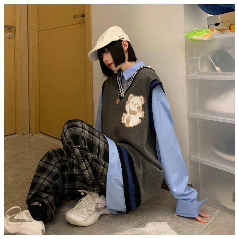 Áo Gile Len Nam Nữ Hàn Quốc, Áo Len Gile Form Thụng Unisex Họa Tiết Hình Gấu Dễ Thương