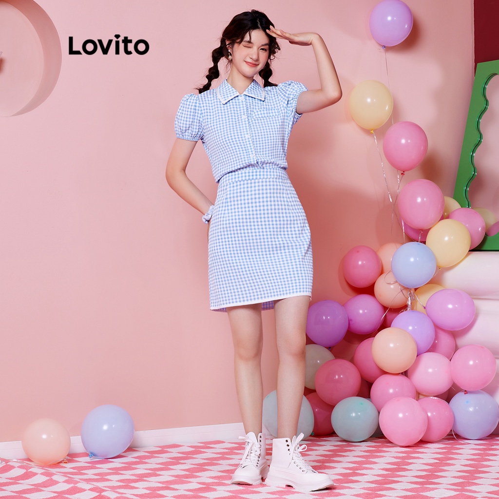 Set đồ LOVITO áo tay phồng tương phản kẻ sọc phong cách Preppy DOPAMINE cho nữ (độc quyền) L28AE039 (màu xanh lam)