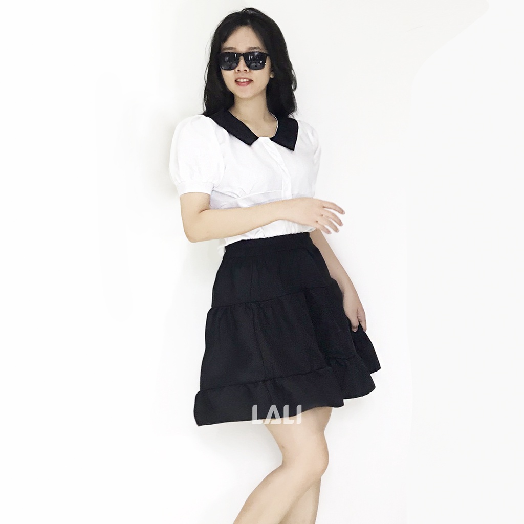 Set bộ áo trắng cổ sơ mi tay phồng váy 3 tầng lưng thun LALI