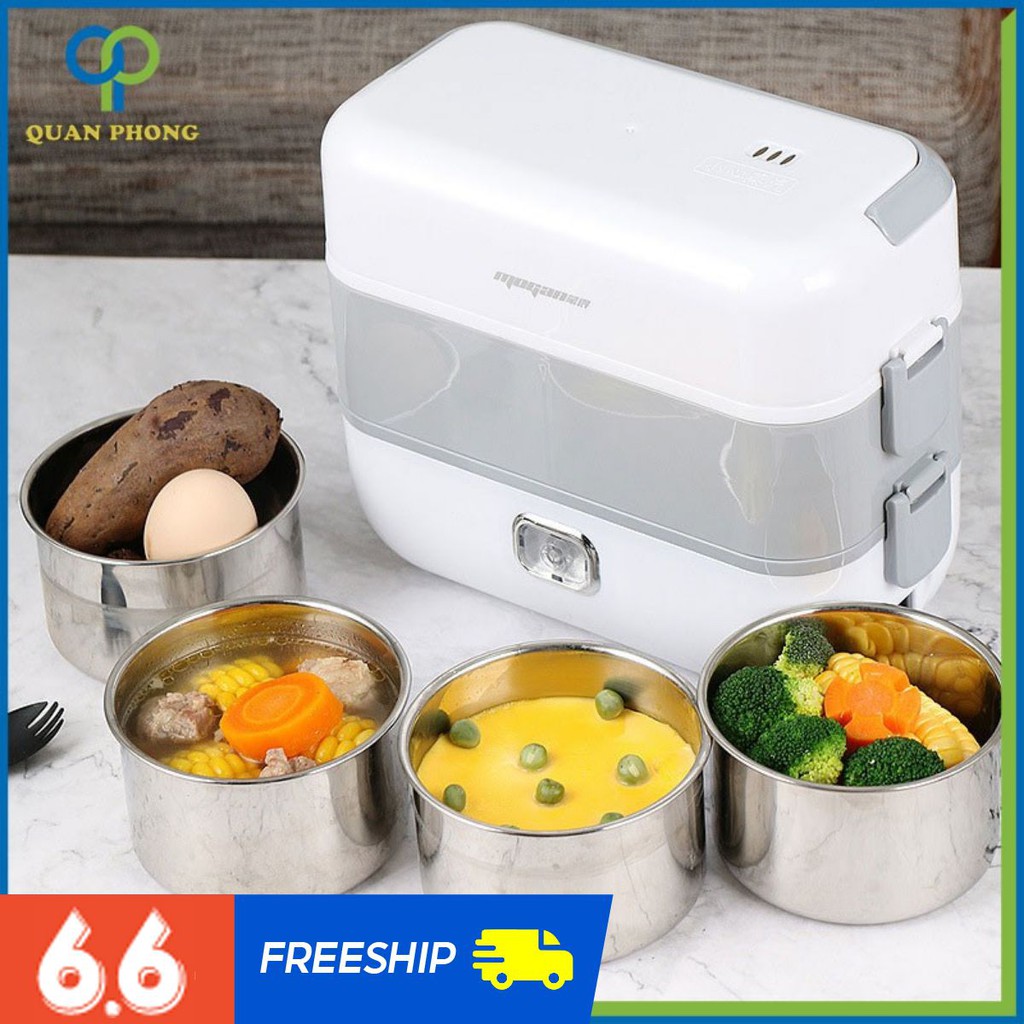 Hộp Cơm Điện Đa Năng Hâm Nóng Và Tự Nấu Chín Thức Ăn Với 4 Ngăn Inox