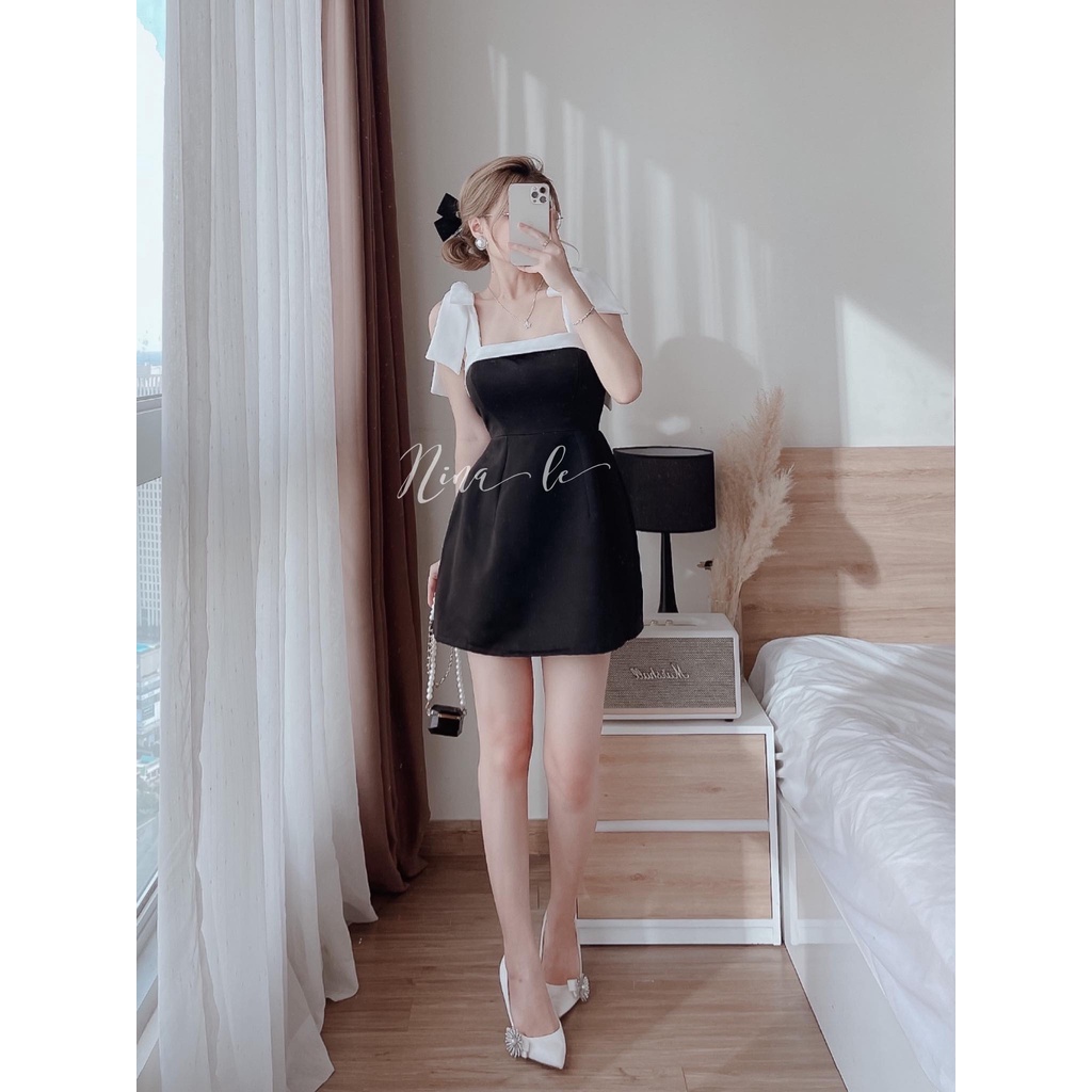 Đầm nữ cổ vuông hai dây nơ vai (Có mút), màu sắc (Trắng, Đen) xinh xắn cho nàng đi chơi, dự tiệc