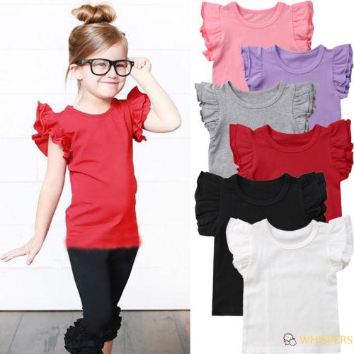 Áo thun cotton cổ tròn tay cánh tiên màu trơn thời trang mùa hè cho bé gái