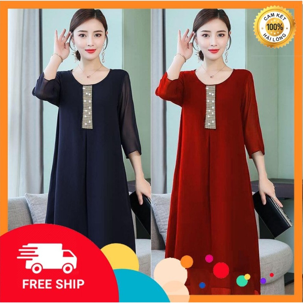 Đầm dự tiệc trung niên - Đầm suông đính cườm sang trọng