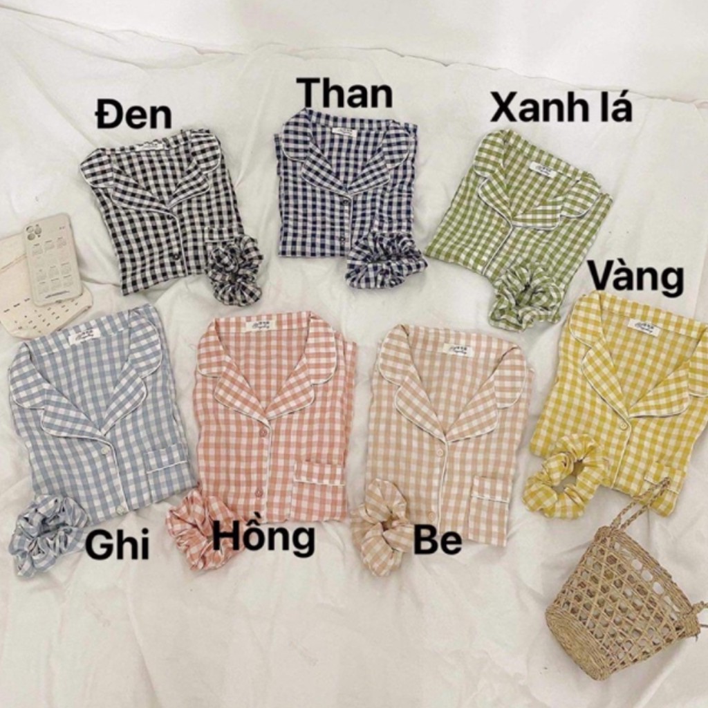 Set Pizama kẻ caro kèm scrunchies siêu xinh, Bộ đồ kẻ kèm chun buộc tóc S510, mặc đi chơi mặc ở nhà đẹp dáng tôn da | BigBuy360 - bigbuy360.vn