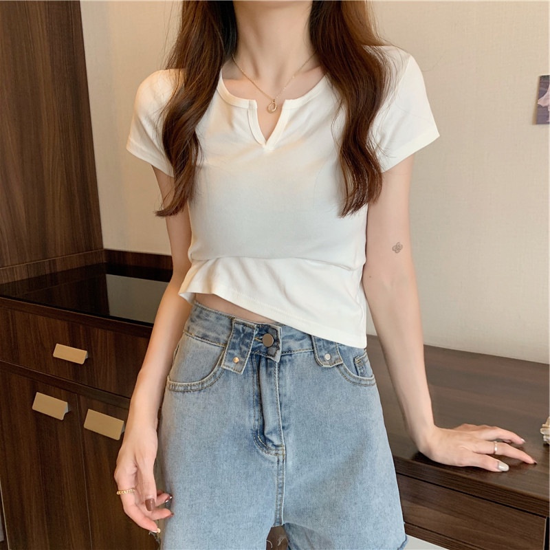 Áo thun SUXI tay ngắn cổ chữ V màu sắc đơn giản thời trang mùa hè cho nữ