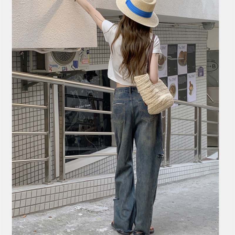 Quần Jean Nữ Lưng Cao Ống Đứng Rách Gối Thời Trang