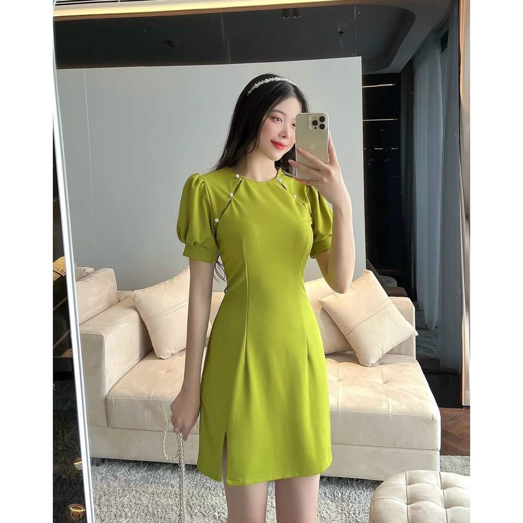 [HCM] Đầm Nữ Sườn Xám Tay Phồng  Cườm 2 Bên Vai Thời Trang Nữ Sam Closet Free Size 40-55kg