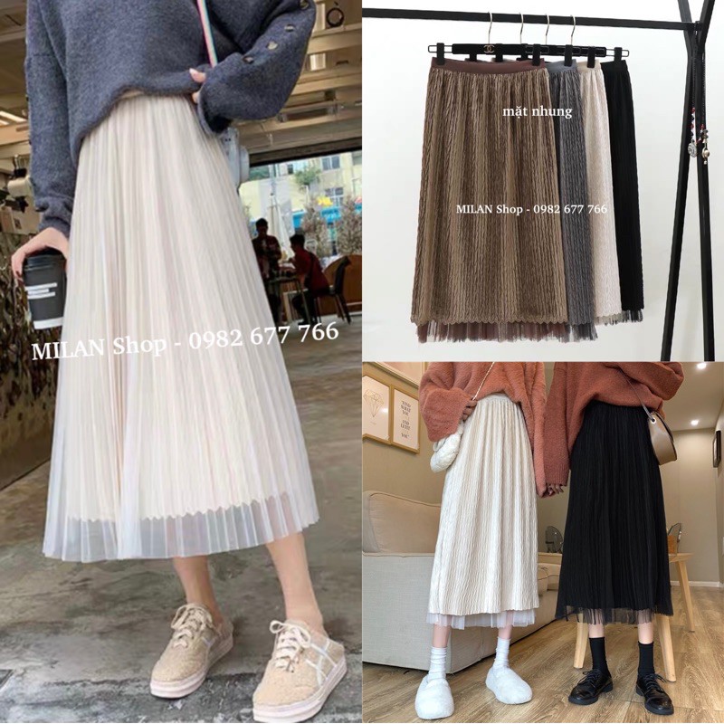 Chân váy xếp ly mặc được 2 mặt chất nhung & vải Quảng Châu