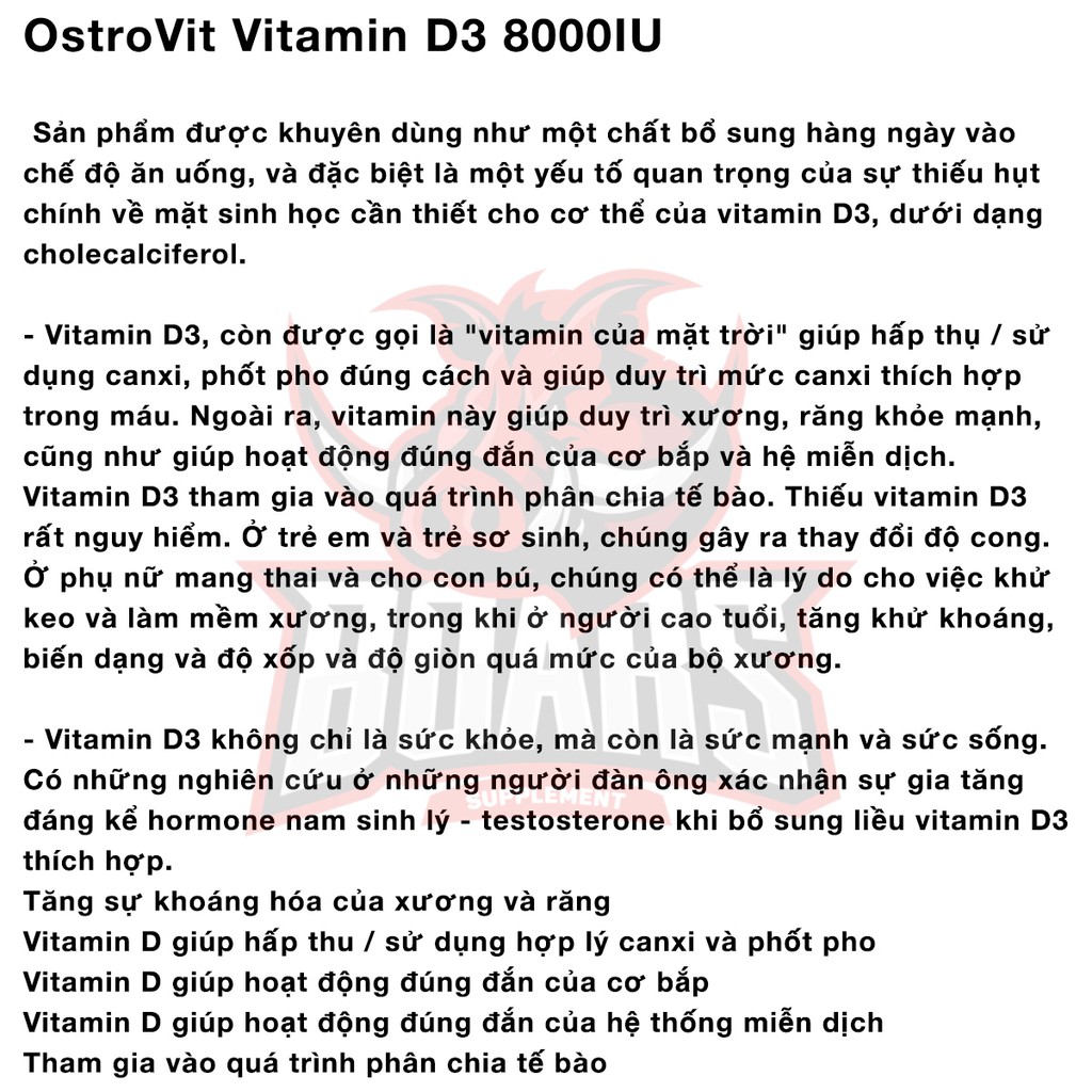 Ostrovit D3 8000iu - viên uống vitamin D3 hàm lượng cao, hỗ trợ tăng cường, tổng hơp canxi xương khớp (200 viên)