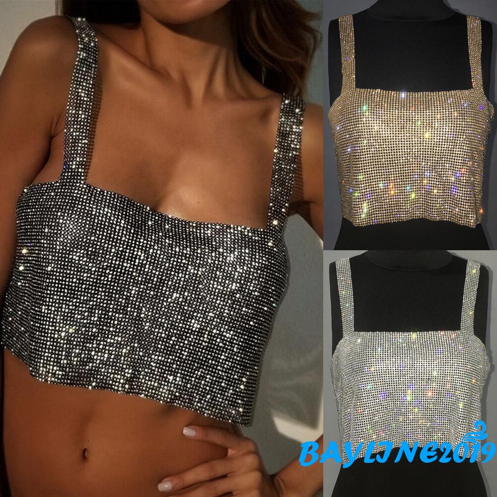 Áo croptop hai dây màu trơn phối kim sa phong cách hè dành cho phái nữ