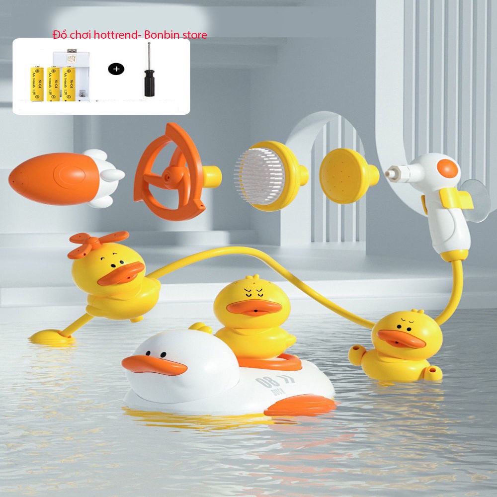 Bộ đồ chơi thả bồn tắm nghịch nước Vịt vàng cute bản cao cấp 3 vịt con kèm 4 đầu vòi phun nước tự động