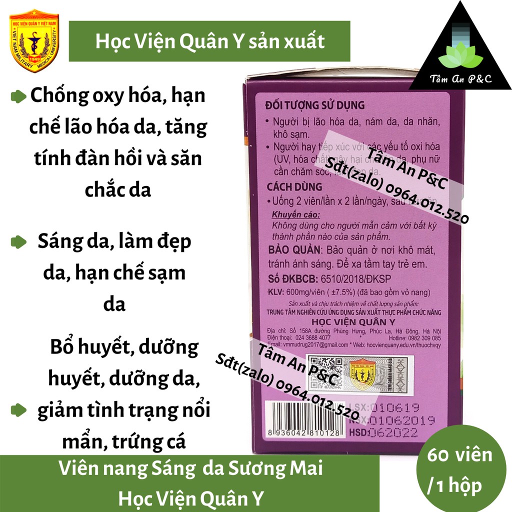 (Combo 2 hộp) Viên uống trắng da, sáng da Sương Mai Học Viện Quân Y- Giúp da mềm mại, sáng trắng- CHÍNH HÃNG HVQY | BigBuy360 - bigbuy360.vn