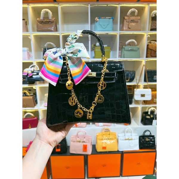 M3453 Túi Hơ mệt  da bóng dáng cao size 21, 25 bản  Tặng kèm khăn quấn