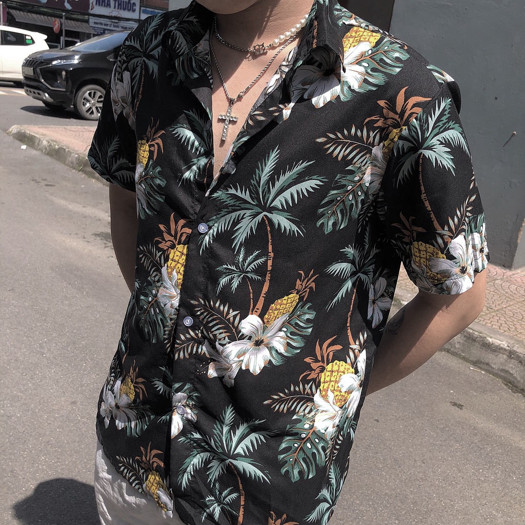 Áo sơ mi họa tiết đi biển hoa, lá, quả nam nữ - Áo sơ mi đũi hawaii nam nữ chất đũi tơ mát mẻ