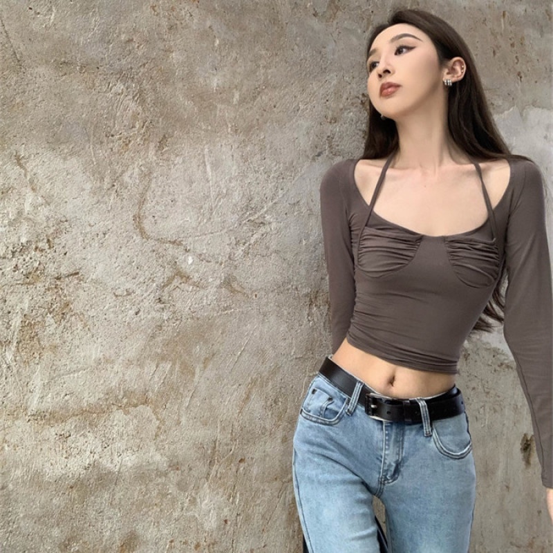 Áo Croptop Tay Dài Thiết Kế Ôm Sát Quyến Rũ Hợp Thời Trang