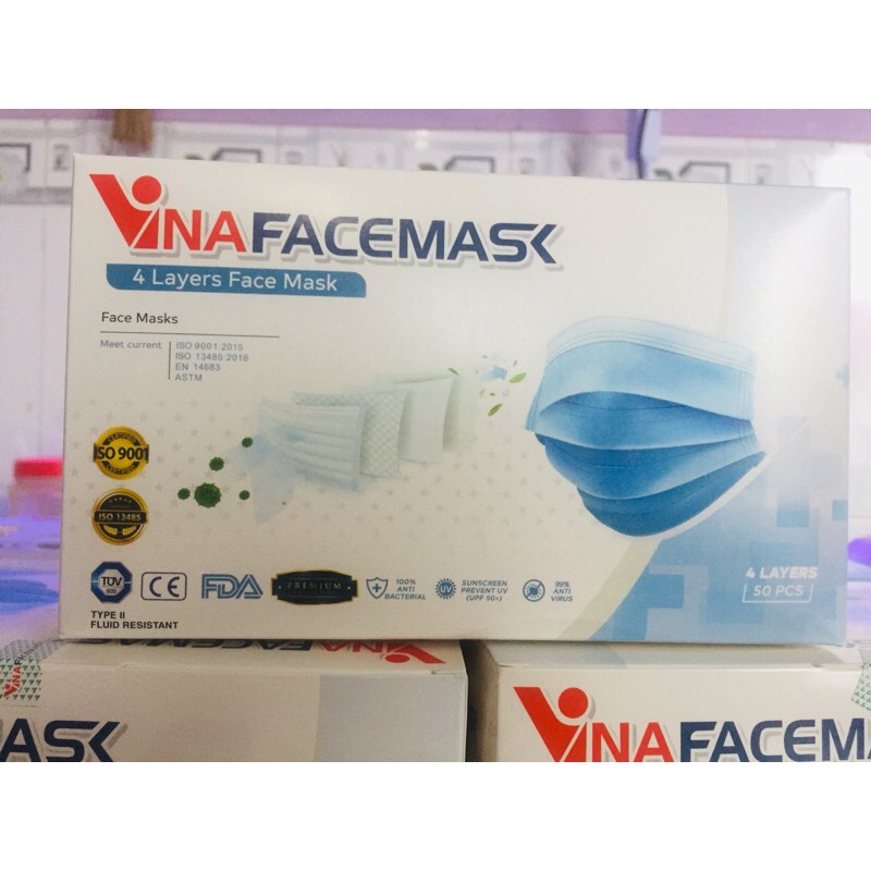 1 hộp 50 cái khẩu trang giấy kháng khuẩn 4 lớp Vinafacemask