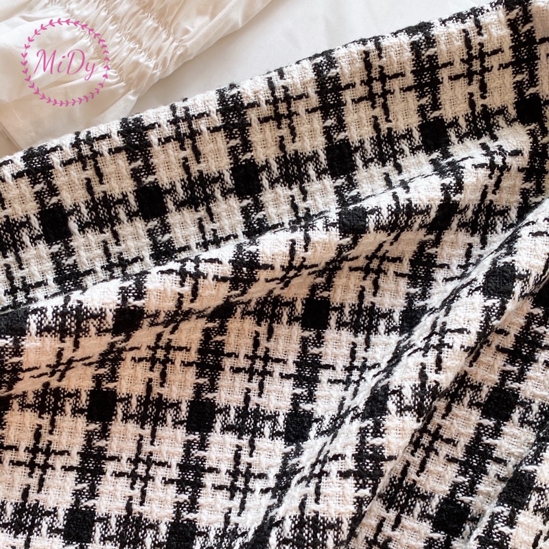 Set áo sơ mi tay nhún kiểu + váy yếm chất dạ Tweed