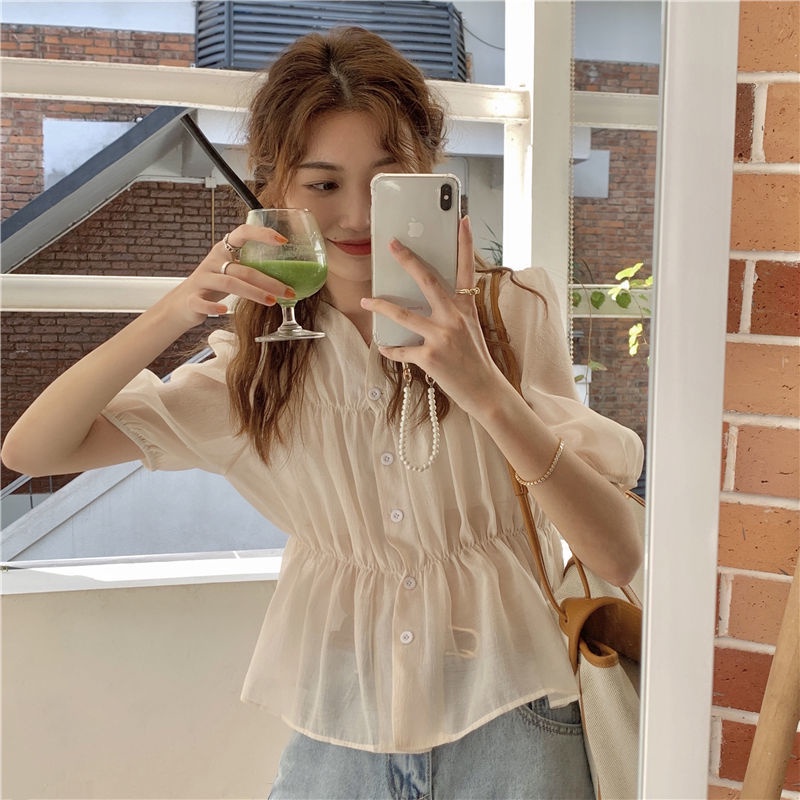 Áo Kiểu Tay Phồng Ngắn Cổ Chữ V Form Rộng Phong Cách Hàn Quốc