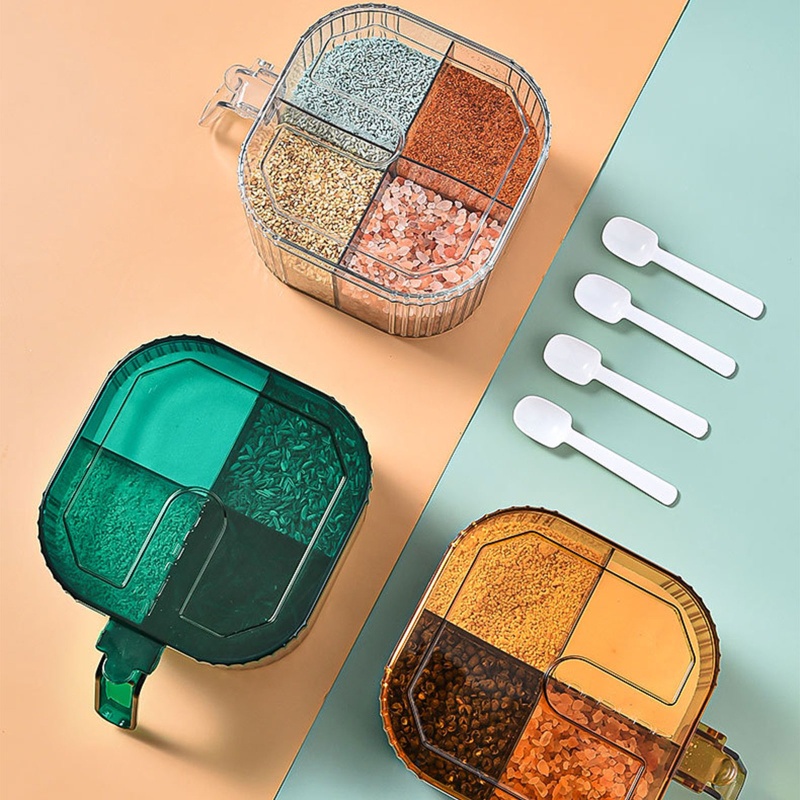 Hộp Đựng Gia Vị 4 Ngăn Bằng Nhựa Trong Suốt Có Nắp Và Muỗng Cho Nhà Bếp