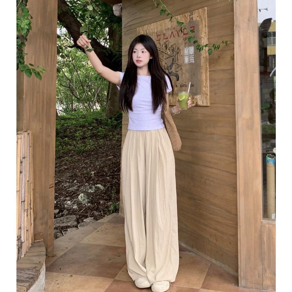 SET ÁO GÂN XÁM CROPTOP + QUẦN KEM LƯNG THUN SUÔNG (TH)