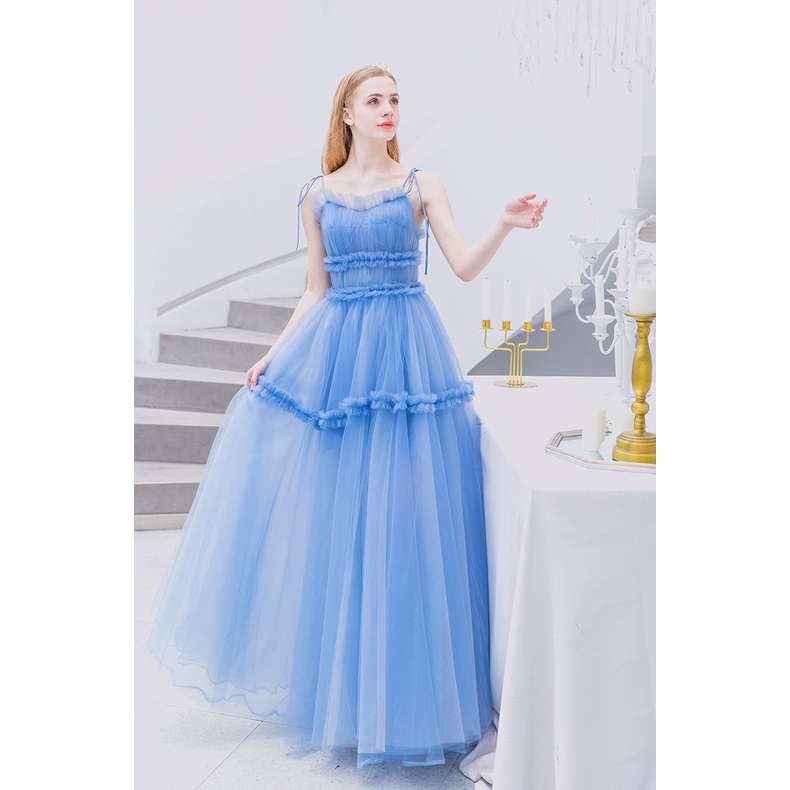 Đầm dạ hội hai dây cao cấp voan lưới viền tầng xòe màu xanh H139 Hỉn Hỉn Store