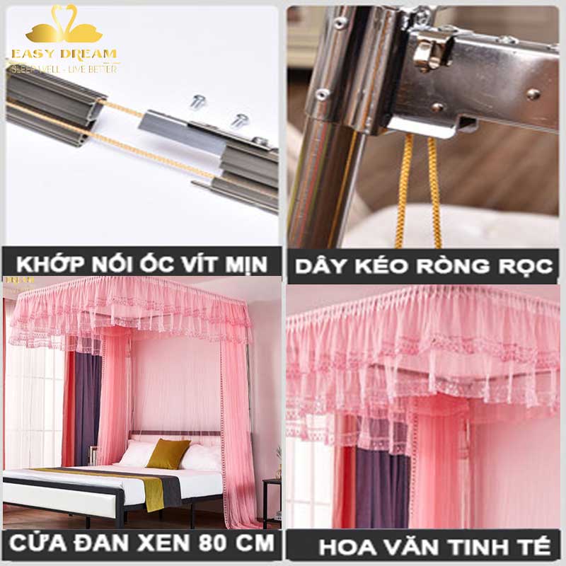 Màn khung không khoan tường EASY DREM  mùng ngủ hiện đại - có dây kéo  -cao 2m25- khớp nối ốc vít siêu chắc -chống muỗi