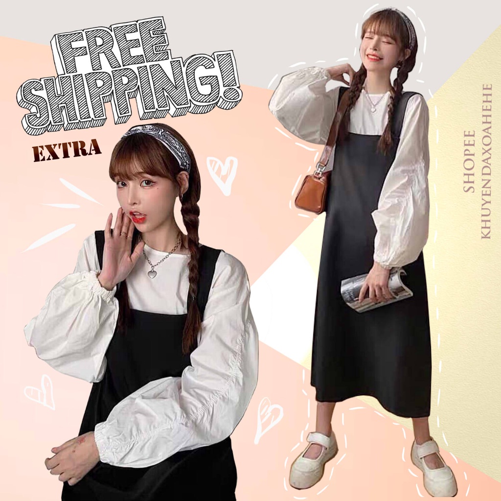 Set yếm kaki đen + áo sơ mi trắng tay bồng không cổ tiểu thư nữ tính, bộ váy 2 dây dài suông + áo chất đũi cute babydoll