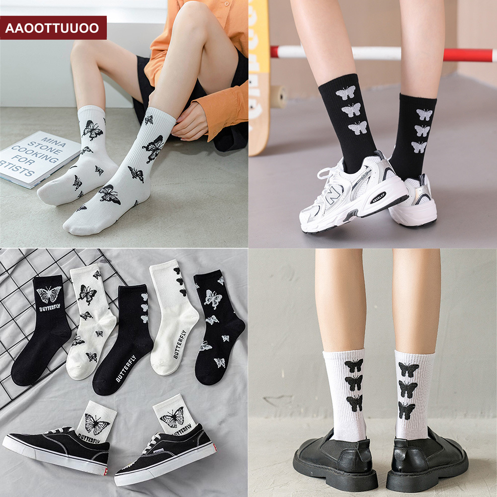Tất cổ cao thời trang thiết kế họa tiết bướm chất liệu cotton