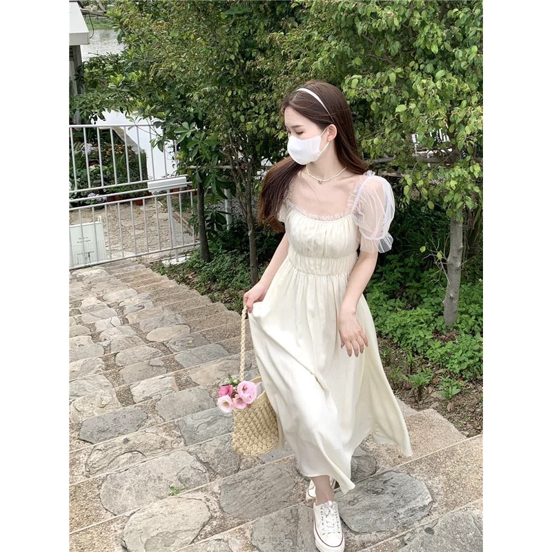 Váy đầm tiểu thư trắng be bo ngực tay lưới ngắn dáng dài ngọt ngào phong cách Hàn Quốc