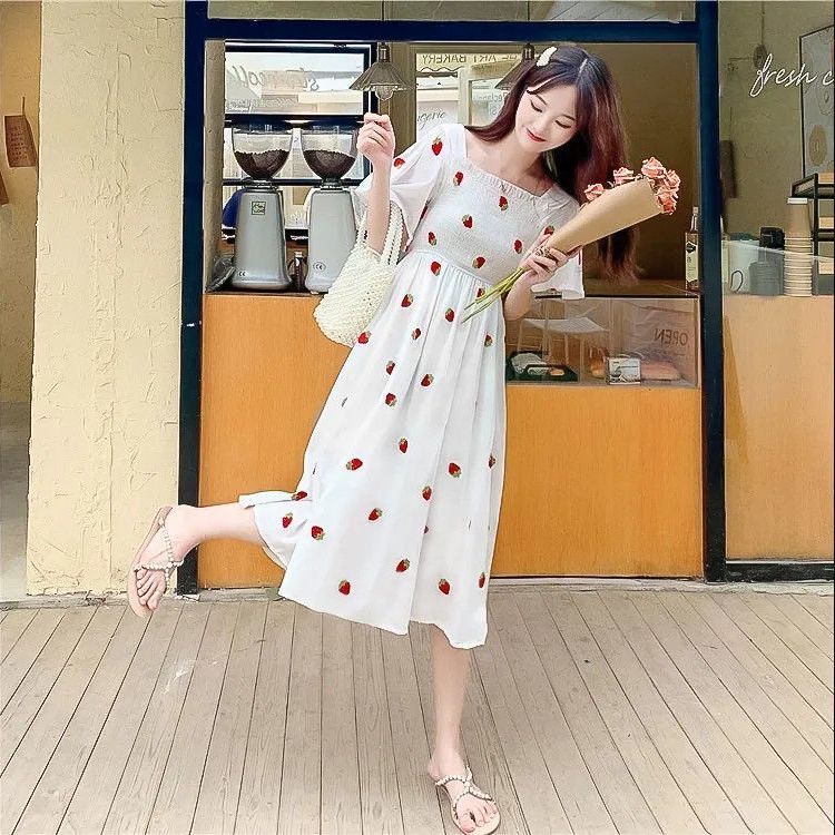 ⭐Đầm Chiết Eo Họa Tiết Dâu Tây Phong Cách Pháp Cho Nữ