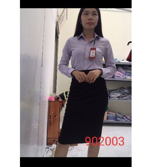 áo sơ mi nữ Thái Hòa màu tím nhạt vải sợi tre co giãn tốt.