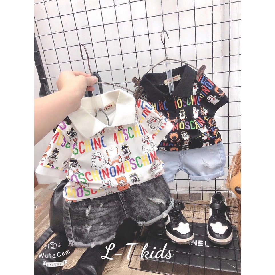 (Rẻ Nhất Tphcm) Set Áo Thun Cotton Tàu Cổ Bẻ + Quần Jean Dày Dặn Cho Bé Trai Đi Du Lịch