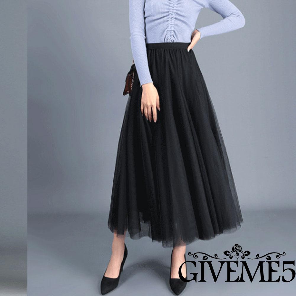 Chân váy maxi dài lưng cao vải lưới tuyn nhiều lớp cho nữ